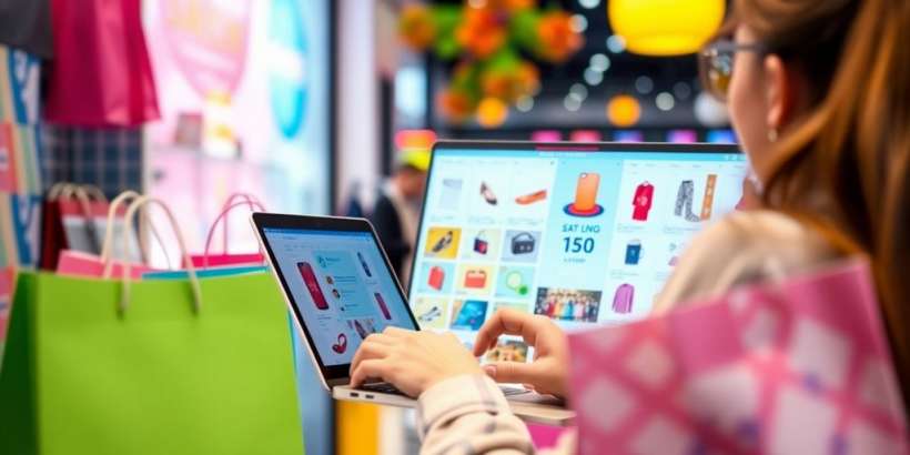 Person vergleicht Preise online mit Laptop und Einkaufstaschen.