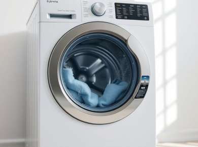 Moderne Waschmaschine in heller Waschküche.