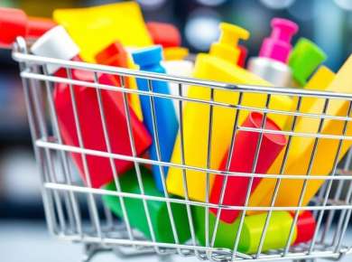 Einkaufswagen mit bunten Schnäppchenprodukten