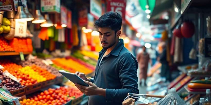 Person vergleicht Preise auf einem Markt.