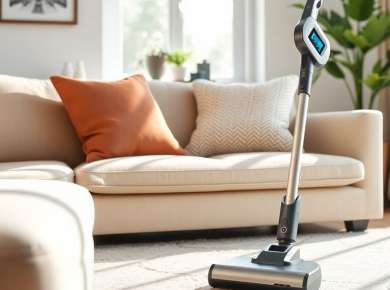 Moderner kabelloser Staubsauger in einem sauberen Zuhause.