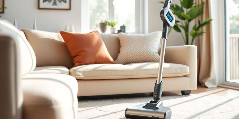Moderner kabelloser Staubsauger in einem sauberen Zuhause.