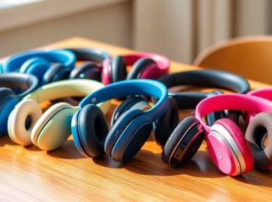 Bunte Bluetooth Kopfhörer auf einem Holztisch.