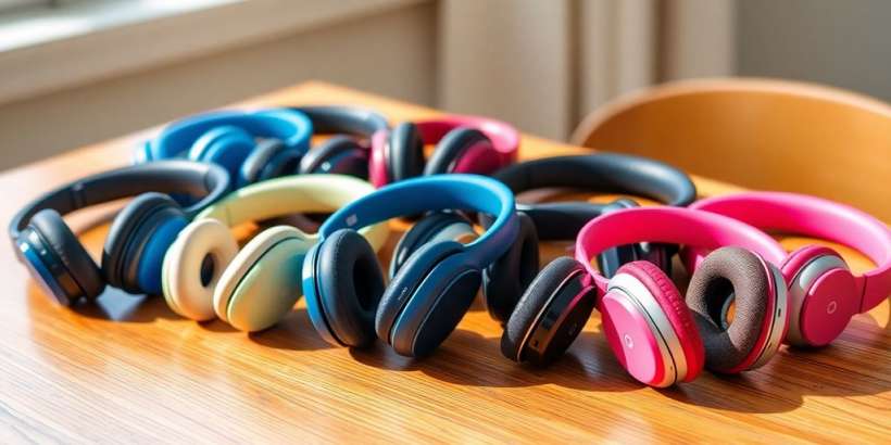Bunte Bluetooth Kopfhörer auf einem Holztisch.