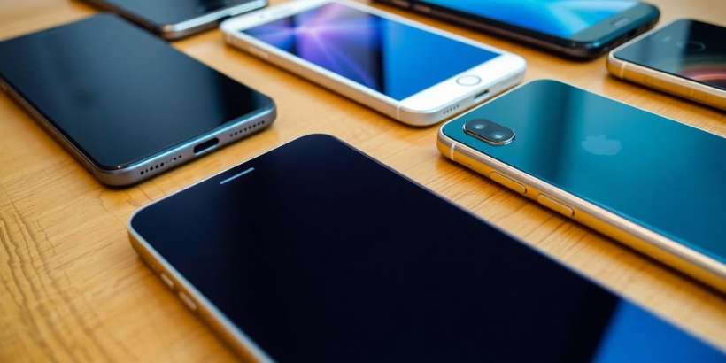Verschiedene Smartphones auf einem Tisch angeordnet.