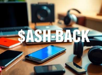 Verschiedene elektronische Geräte mit Cashback-Symbol im Hintergrund.