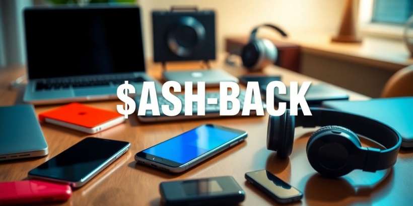 Verschiedene elektronische Geräte mit Cashback-Symbol im Hintergrund.