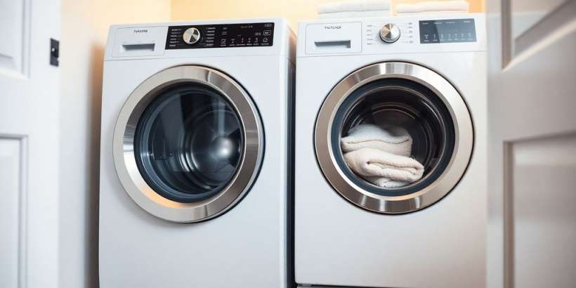 Moderne Waschmaschine in hellen Waschraum mit Handtüchern.