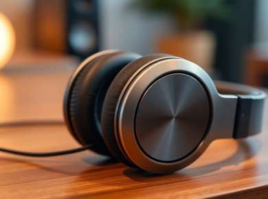 Detailaufnahme von HiFi Bluetooth Kopfhörern auf Holzoberfläche.