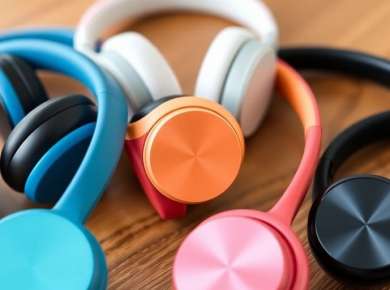 Verschiedene Bluetooth Kopfhörer auf einem Holzuntergrund