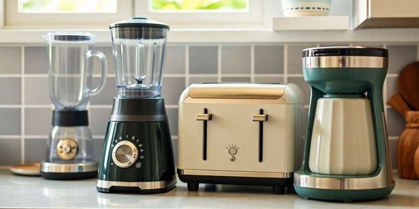 Eine Sammlung günstiger Haushaltsgeräte auf einer Küchenarbeitsplatte.
