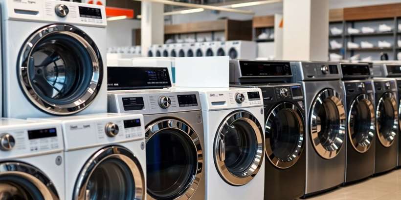 Verschiedene Waschmaschinen in einem Elektrogeschäft.