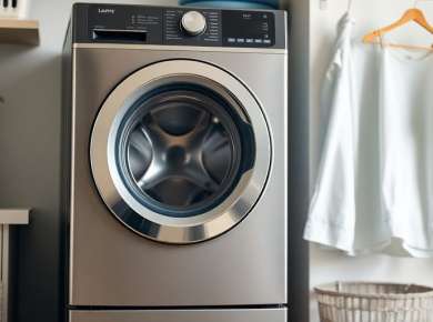 Moderne Waschmaschine in einem stilvollen Waschraum.