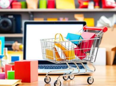 Lebendige Online-Shopping-Szene mit Produkten und Laptop.