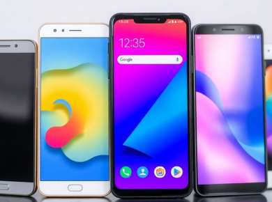 Farbenfrohe Smartphone-Vergleichsszene mit modernen Geräten.