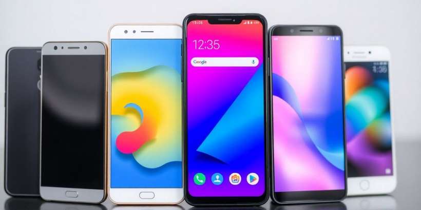 Farbenfrohe Smartphone-Vergleichsszene mit modernen Geräten.