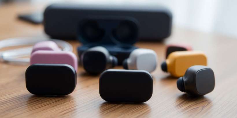 Fotografie von Bluetooth In-Ear Kopfhörern auf Holztisch.