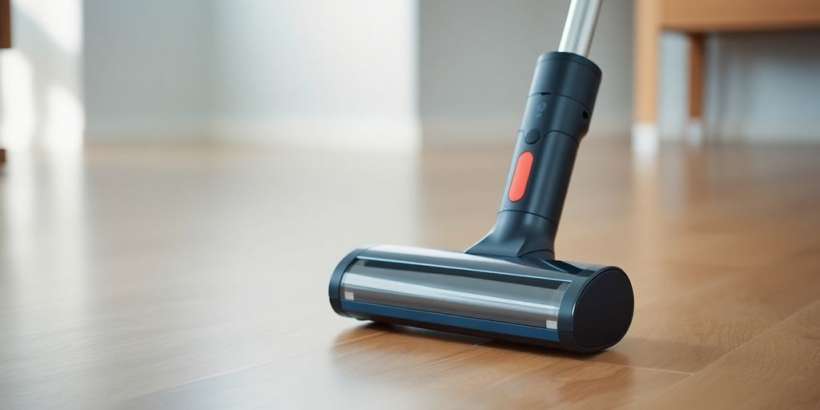 Moderner Akku Staubsauger auf einem Holzfußboden.
