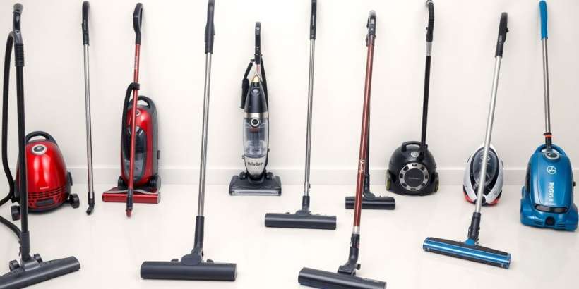 Verschiedene Staubsauger auf einem sauberen Tisch.