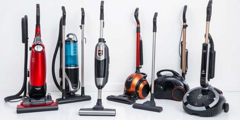 Verschiedene Staubsauger auf einem modernen Hintergrund.