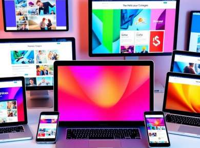 Farbenfrohe Webseiten-Designs auf digitalen Geräten.