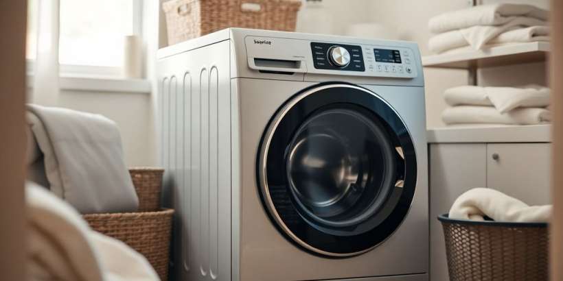 Moderne Waschmaschine in einem stilvollen Waschraum.