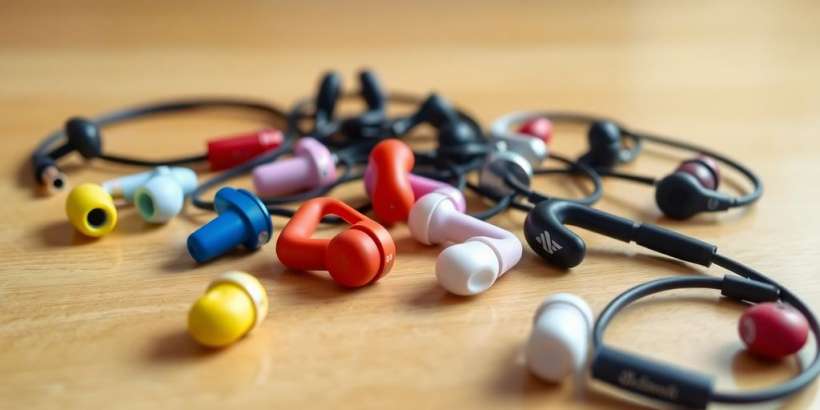 Verschiedene In-Ear Kopfhörer auf einem Holzuntergrund.
