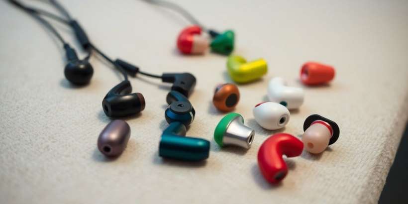 Nahaufnahme verschiedener In-Ear Kopfhörer auf weichem Untergrund.