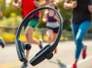 Aktive Läufer mit Bluetooth Kopfhörern im Freien.
