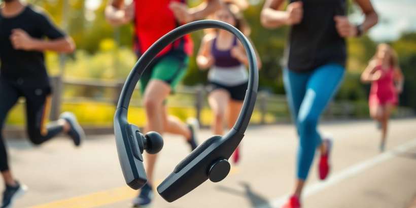 Aktive Läufer mit Bluetooth Kopfhörern im Freien.