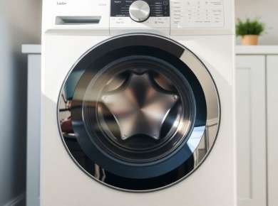Moderne Waschmaschine in einem eleganten Waschraum.