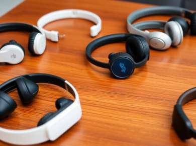 Verschiedene Bluetooth Kopfhörer auf einem Tisch.