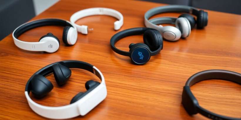 Verschiedene Bluetooth Kopfhörer auf einem Tisch.