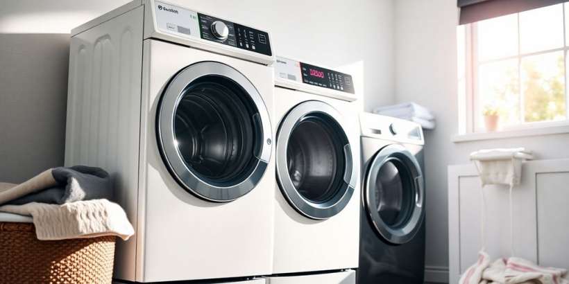 Moderne Waschmaschine in einem eleganten Wäschebereich.