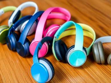 Bunte Bluetooth-Kopfhörer auf einem Holzuntergrund.