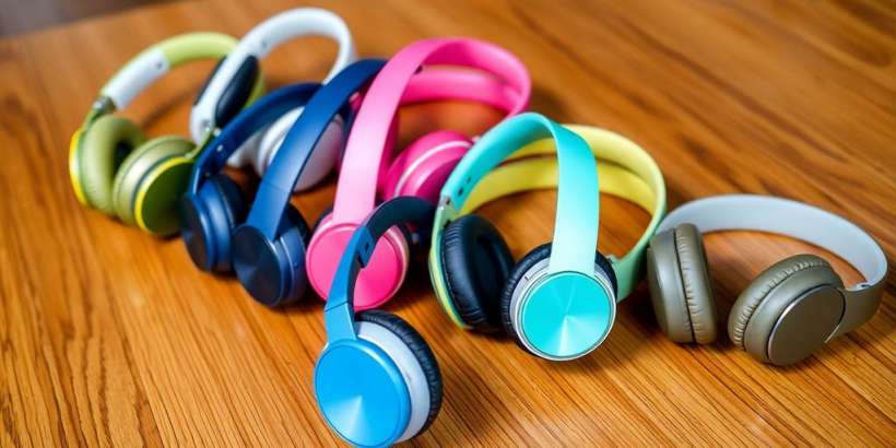 Bunte Bluetooth-Kopfhörer auf einem Holzuntergrund.