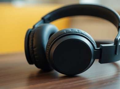 Nahaufnahme von Bluetooth Over-Ear Kopfhörern auf Holzoberfläche.
