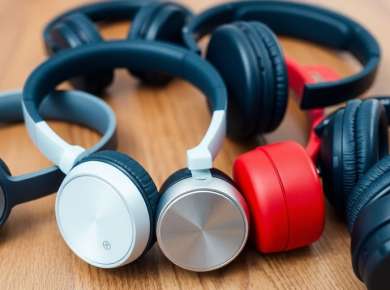Verschiedene stilvolle Bluetooth-Kopfhörer auf Holzoberfläche.