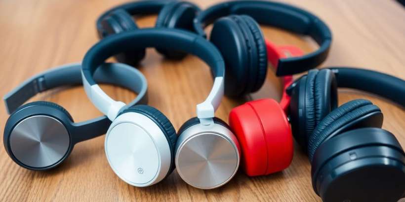 Verschiedene stilvolle Bluetooth-Kopfhörer auf Holzoberfläche.