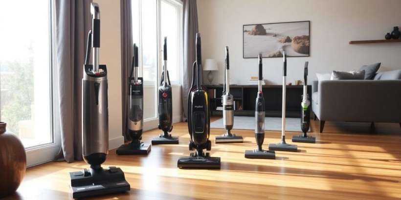 Verschiedene Staubsauger in einem modernen Wohnzimmer.