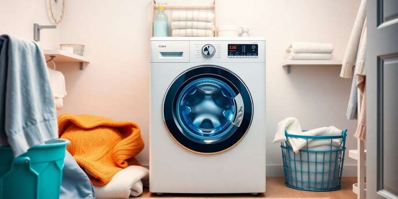 Moderne Waschmaschine in einem stilvollen Waschraum.