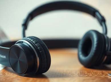 Stilvolle Bluetooth-Kopfhörer auf einem Holztisch.