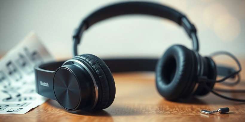 Stilvolle Bluetooth-Kopfhörer auf einem Holztisch.