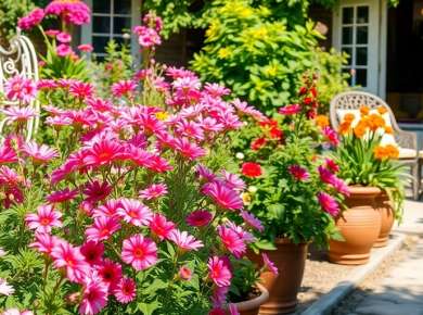 Blühender Garten mit Pflanzen und gemütlicher Sitzgelegenheit.