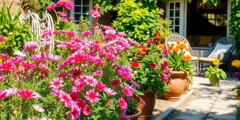 Blühender Garten mit Pflanzen und gemütlicher Sitzgelegenheit.