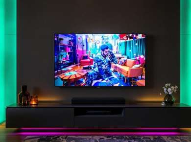 Ein moderner Fernseher in einem eleganten Wohnzimmer.