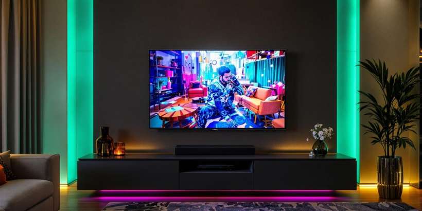 Ein moderner Fernseher in einem eleganten Wohnzimmer.