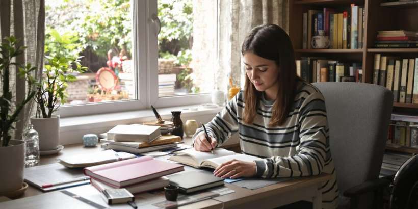 Eine Studentin beim Lernen mit Büchern und Notizen.