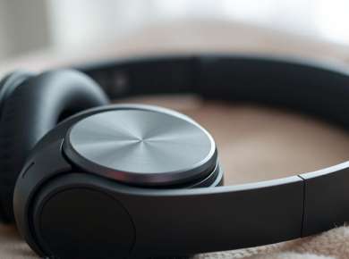 Moderne Bluetooth Kopfhörer auf weichem Untergrund.
