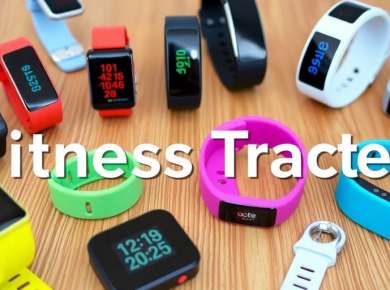 Verschiedene Fitness Tracker auf einem Tisch arrangiert.